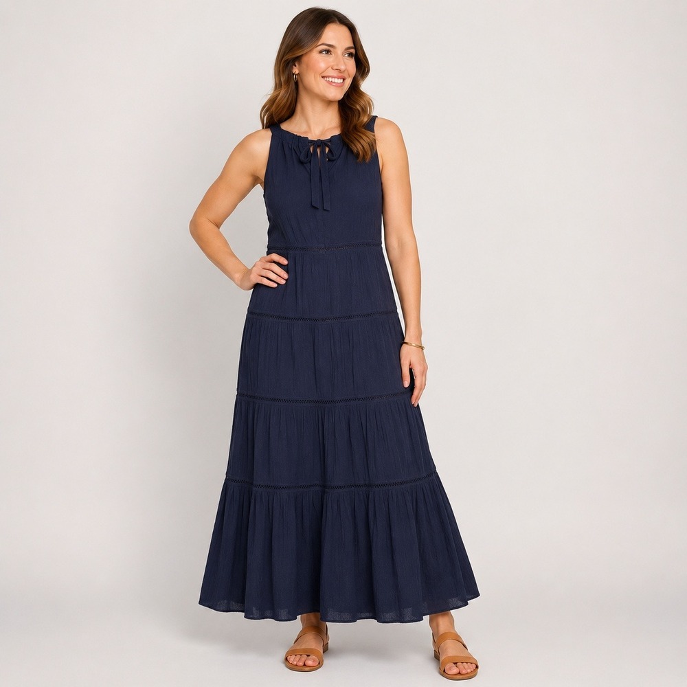 Talbots Navy Tiered Maxi Dress Cotton Gauze Sleeveless Boho‎ Women's 4